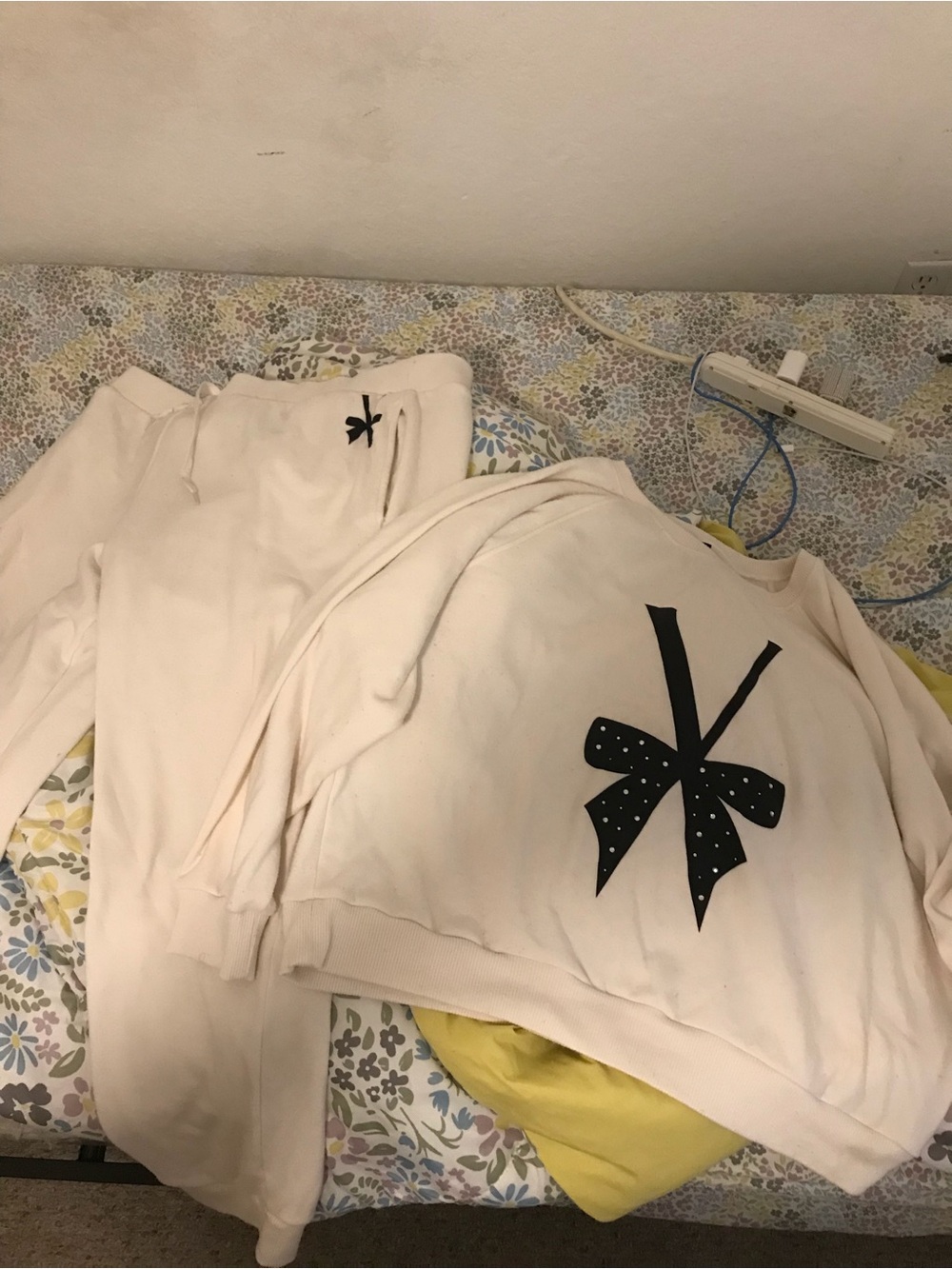 Victoria's Secret Cream Sweatshirt & Joggers Set with Black Bow Graphic